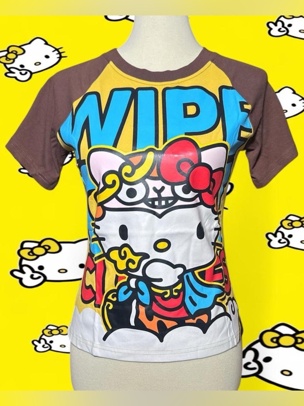 Hello Kitty Brown Sleeves Multi-Color Graphic Raglan Tee